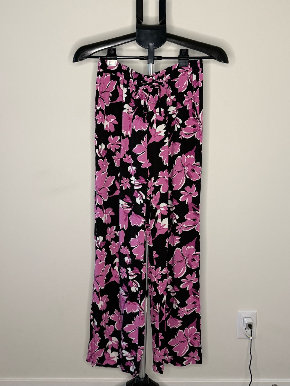 Vince Camuto Floral Wide Leg Pants XS Black Pink Pull-On